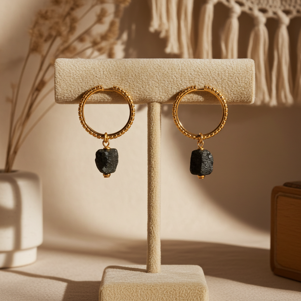 Eclipse Glow Black Tourmaline Hoop Earrings