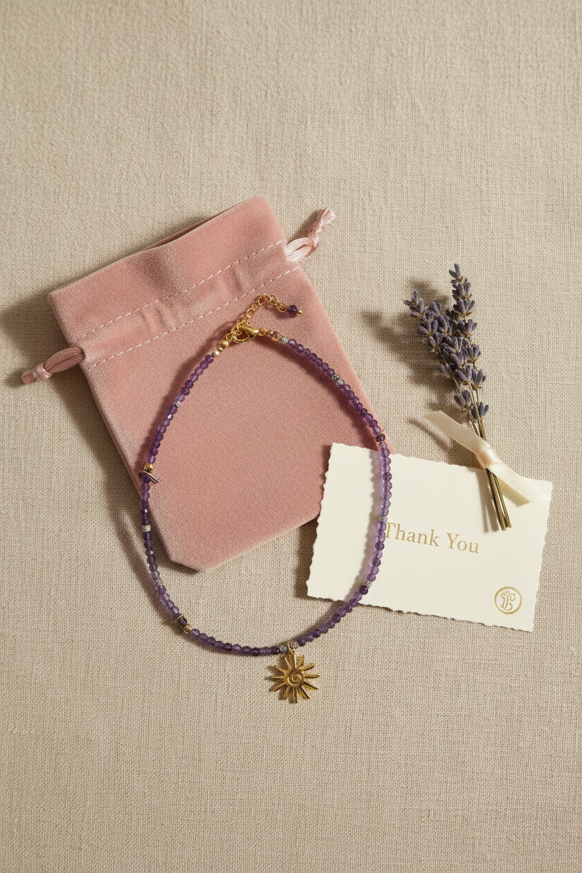 Amethyst Soleil necklace presented in Gem N Glow gift-ready packaging