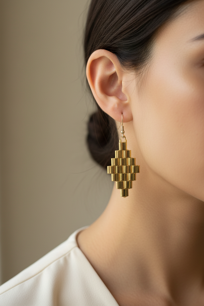 Aurea gold geometric Miyuki earrings worn on the ear