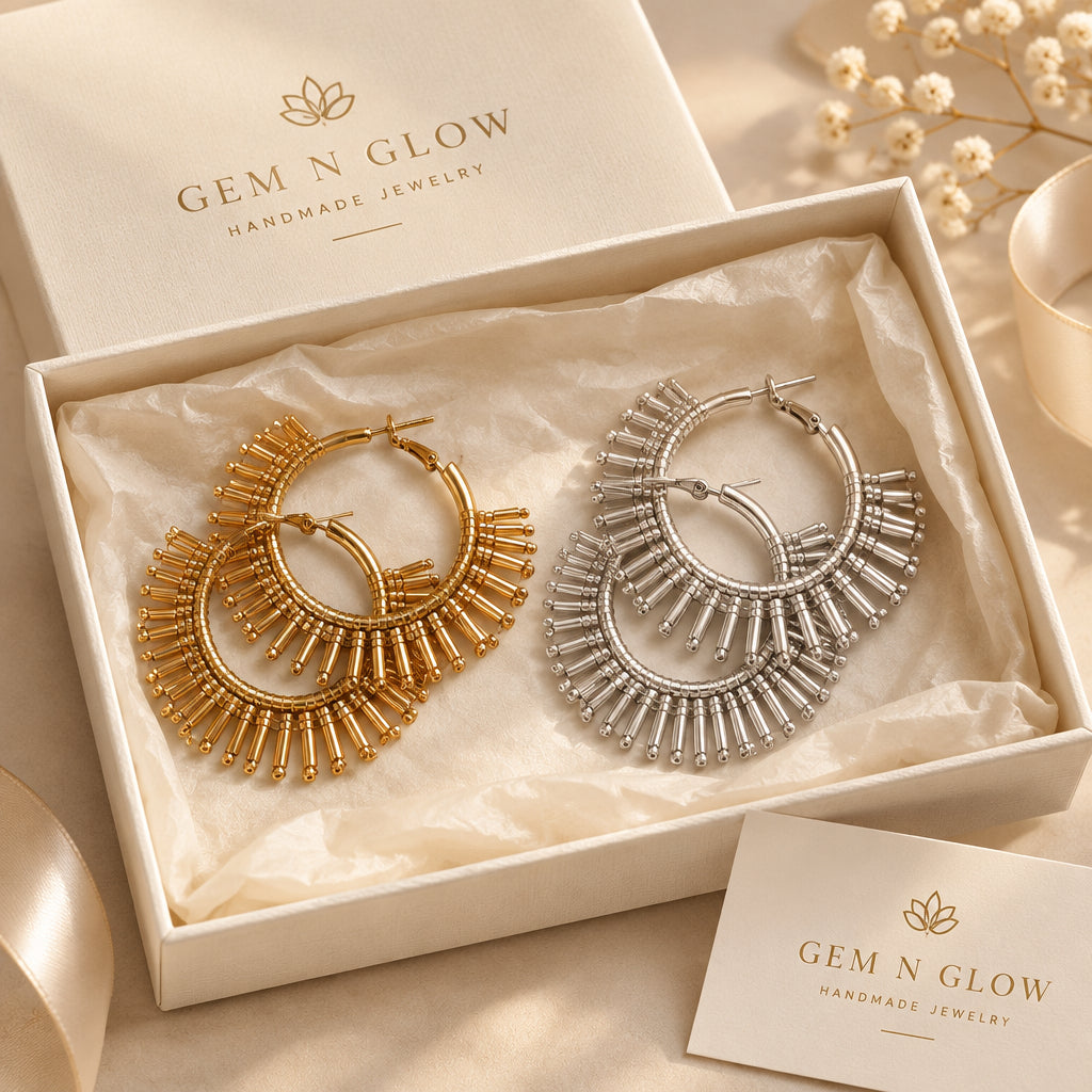 Éclat Ray handmade hoop earrings in Gem N Glow gift packaging