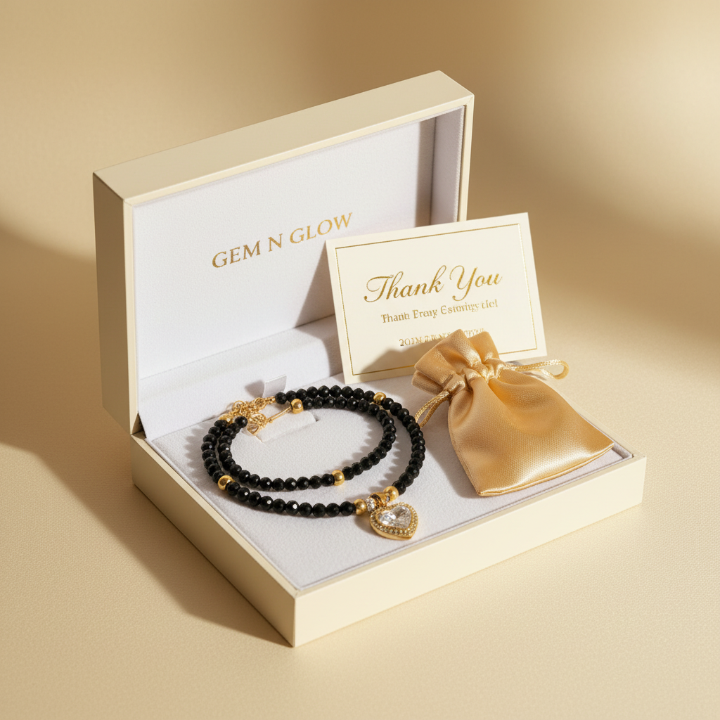 Black gemstone necklace with clear zircon heart pendant in box