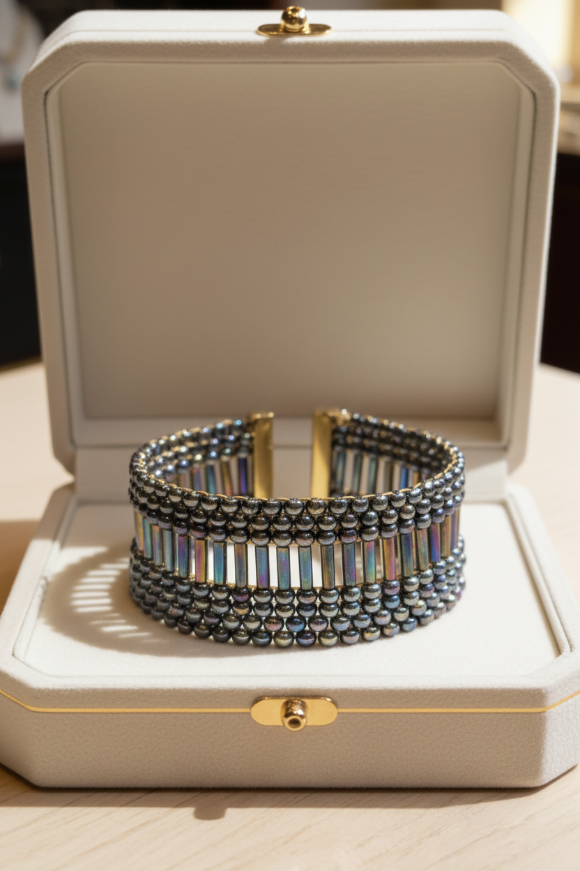 Wide Miyuki cuff presented in a luxury jewelry box
