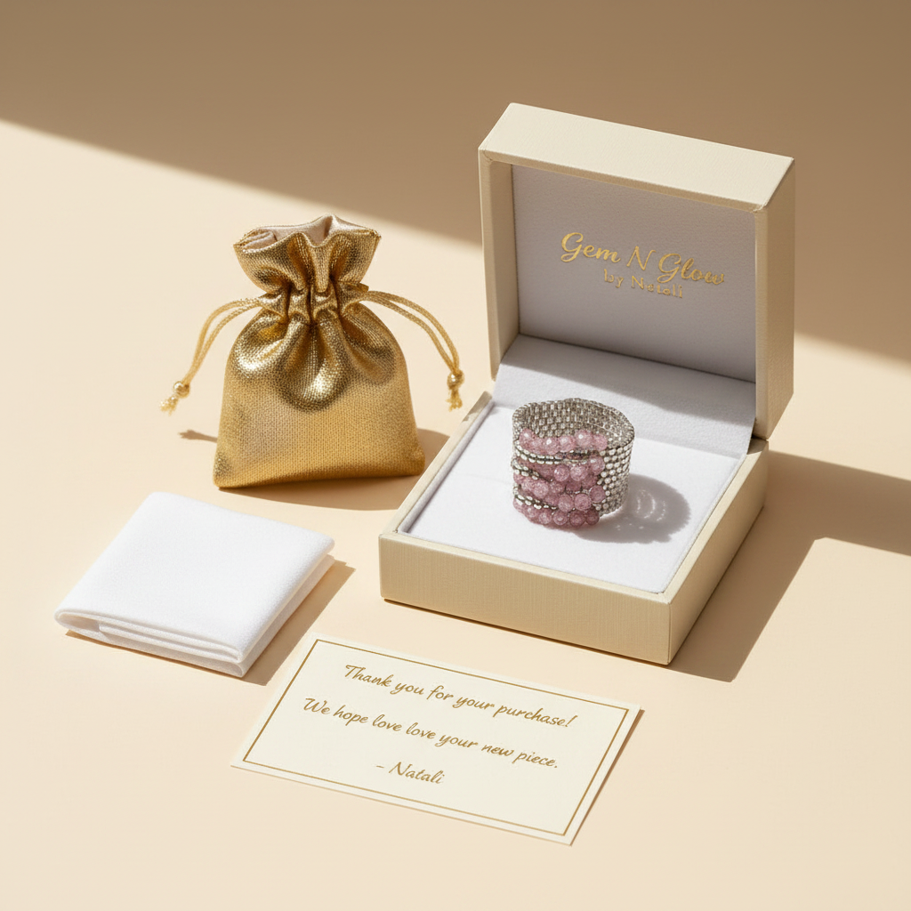 Handmade Miyuki statement ring presented in Gem N Glow gift packaging