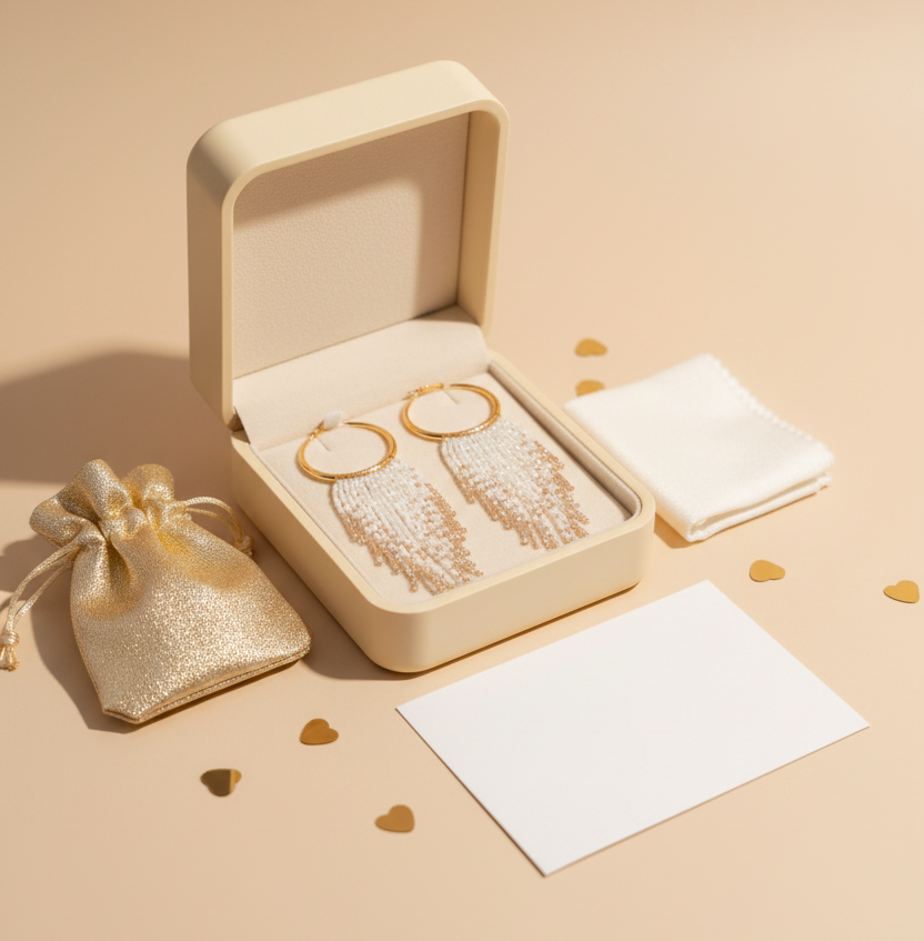 Ivory Cascade earrings presented in Gem N Glow gift packaging