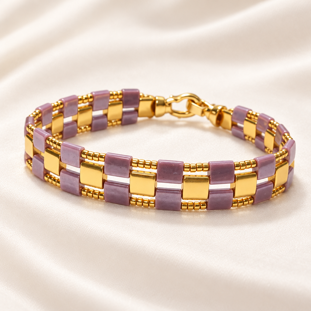Mosaic Line handmade mauve and 24K gold Miyuki Tila geometric bracelet