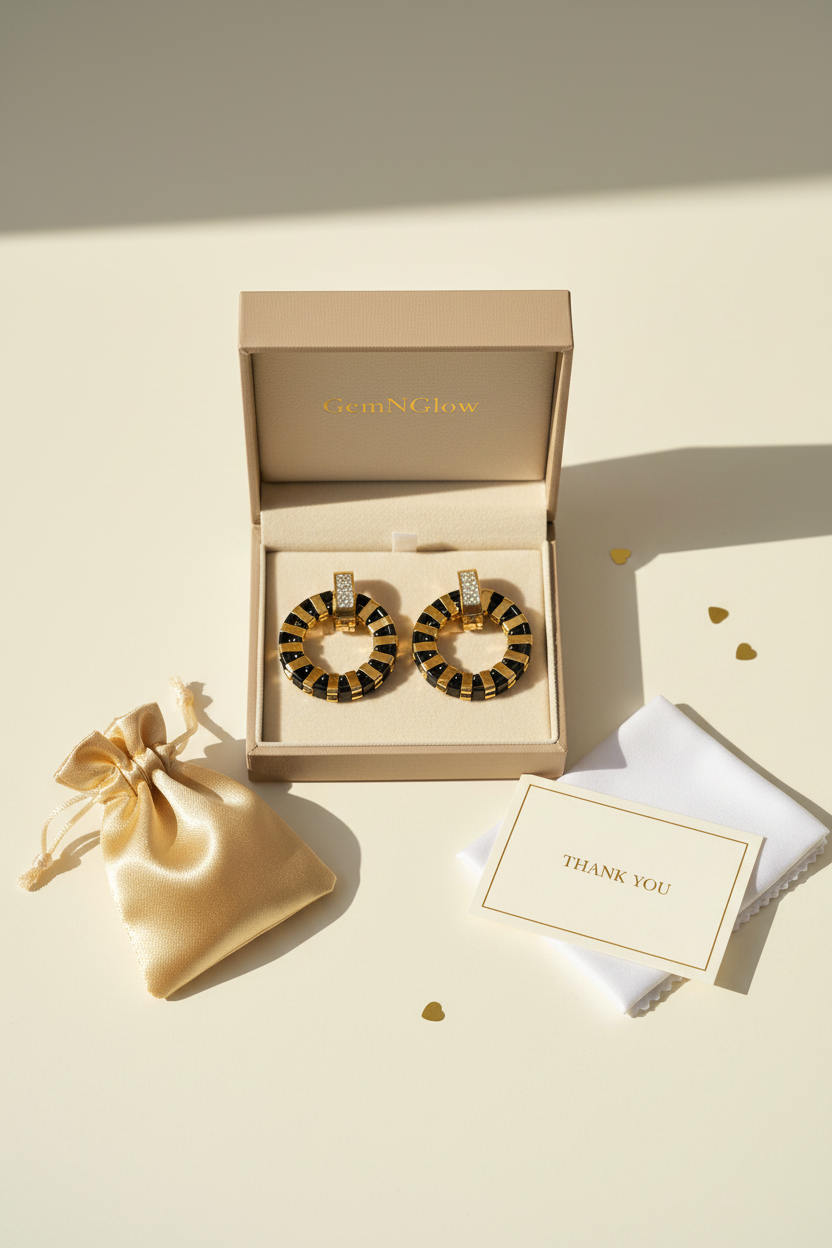 package of Noir Halo Earrings showing cubic zirconia and gold-plated hoop finish