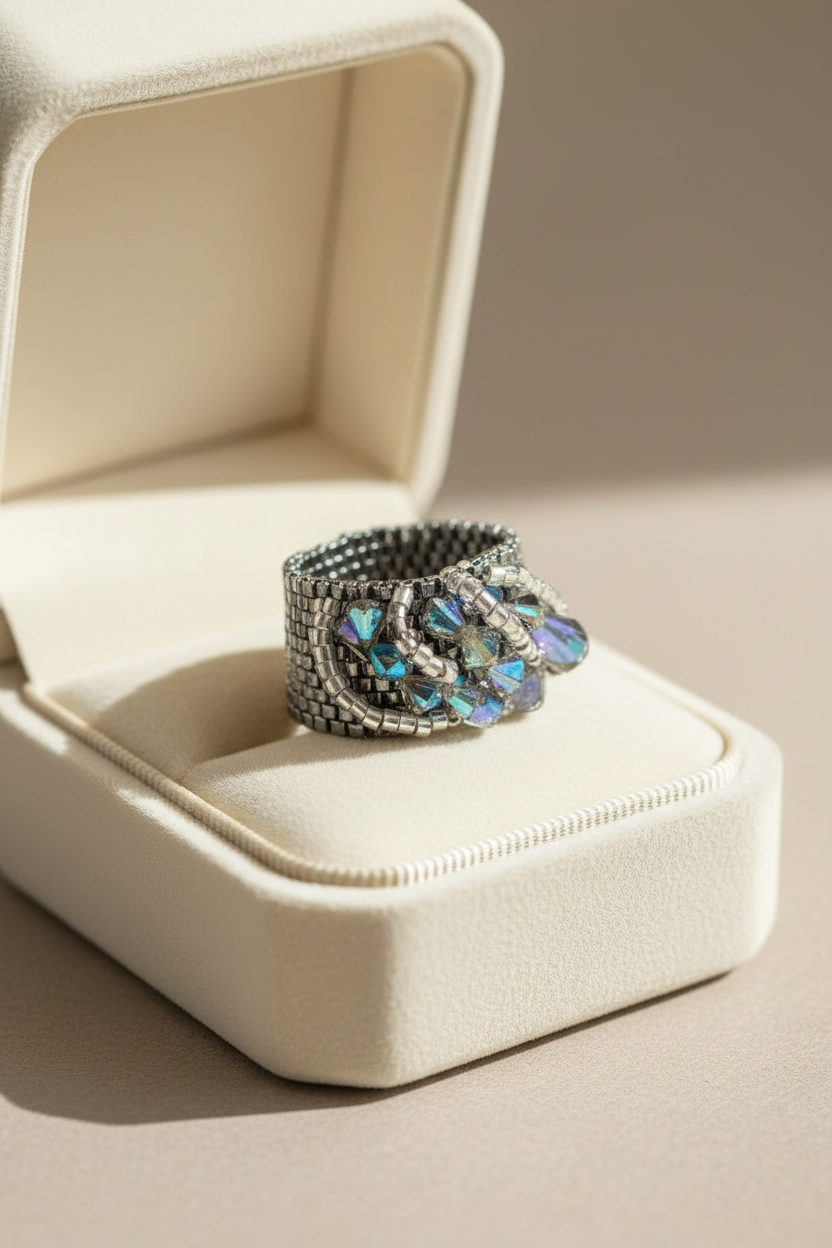 Prism Éclat statement ring presented in an ivory jewelry box