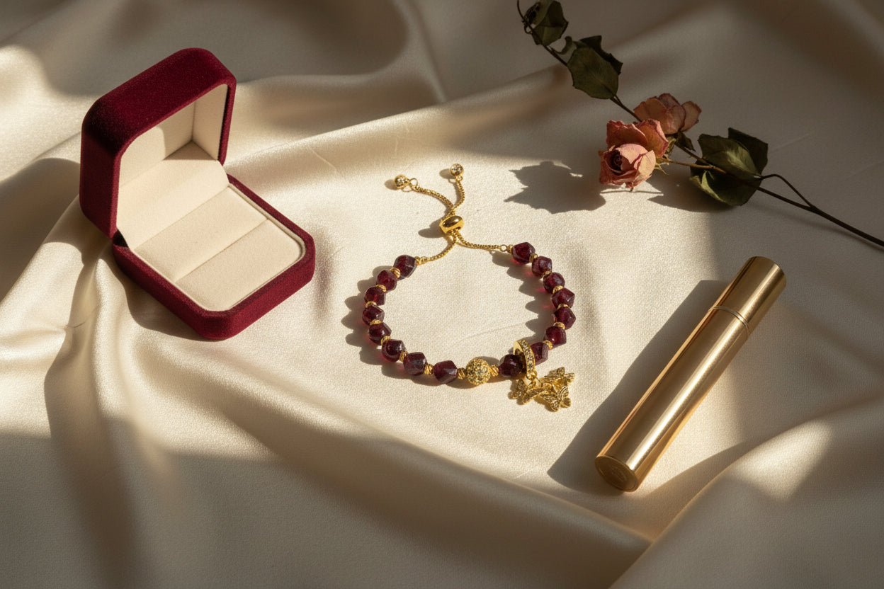 TERRA Collection garnet bracelet styled on ivory fabric