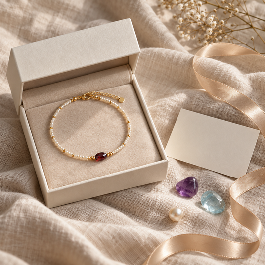 Delicate beaded bracelet in an ivory gift box beside purple and pale blue stones and a pearl on beige linen.