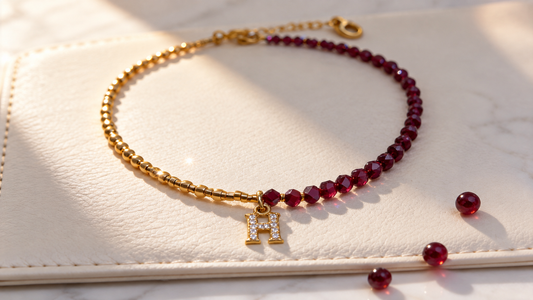 Handmade garnet necklace with gold-tone beads and crystal initial pendant by Gem N Glow