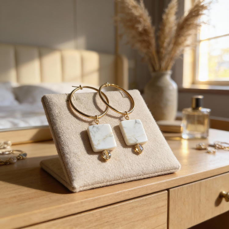 Handcrafted gold hoop earrings with ivory Miyuki beads and sparkling accents by Gem N Glow by Natali