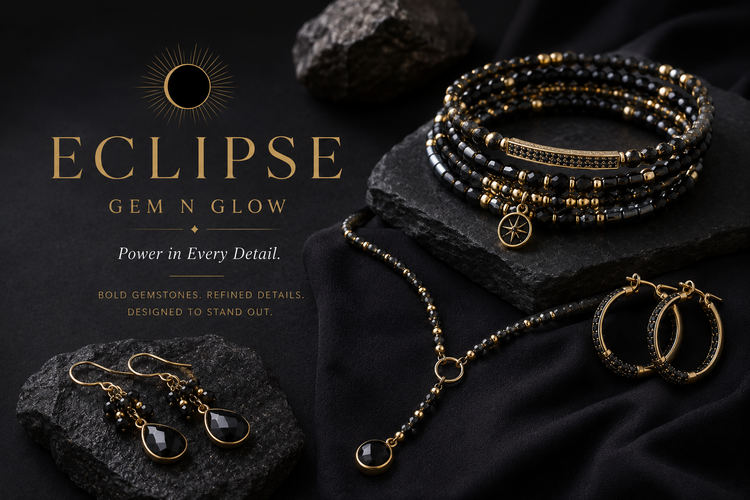 Bold handmade jewelry from the Eclipse Collection by Gem N Glow featuring Onyx, Hematite, Black Tourmaline and premium Miyuki beads with elegant gold and silver accents.