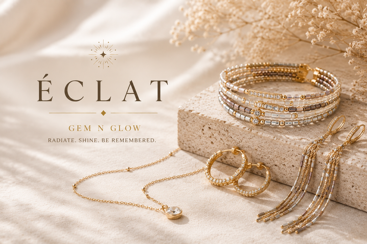 Handcrafted sparkling jewelry from the Éclat Collection by Gem N Glow featuring premium Miyuki beads, zircon details and elegant gold-plated accents.
