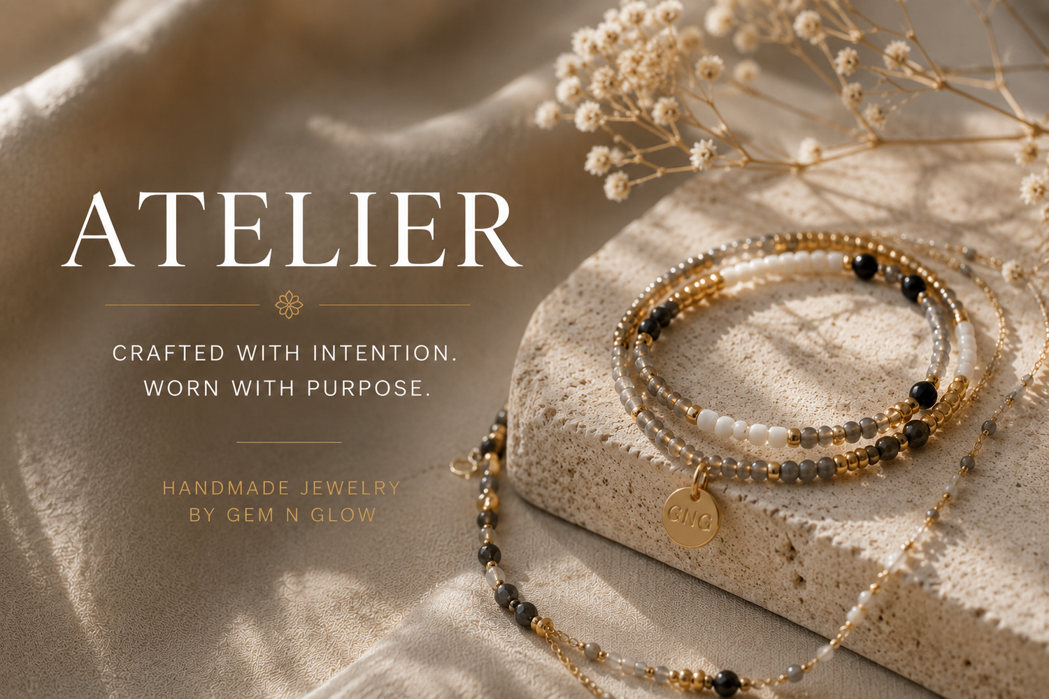 Artisan handmade jewelry from the Atelier Collection by Gem N Glow featuring premium Miyuki beads, natural gemstones and elegant handcrafted details.