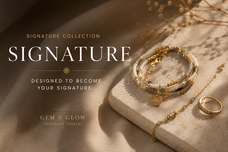Timeless handcrafted jewelry from the Signature Collection by Gem N Glow featuring premium Miyuki beads, natural gemstones and elegant gold-plated details.