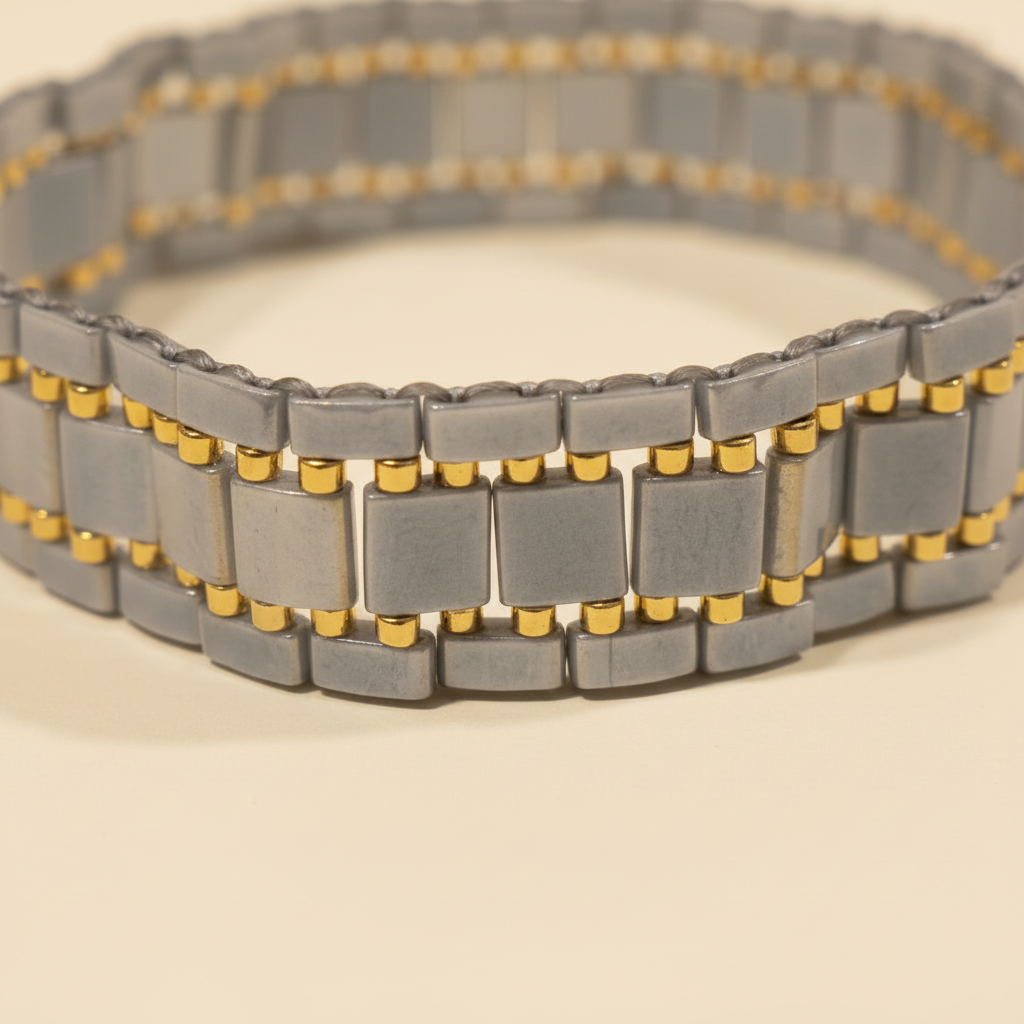 Close-up of smoky grey Miyuki Tila beads and gold Miyuki accents