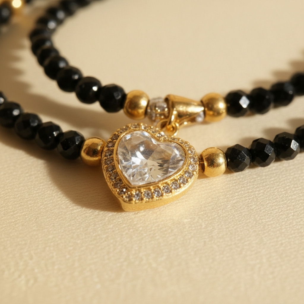 Eclipse Heart necklace with faceted black onyx beads, gold-plated accents and a sparkling heart pendant