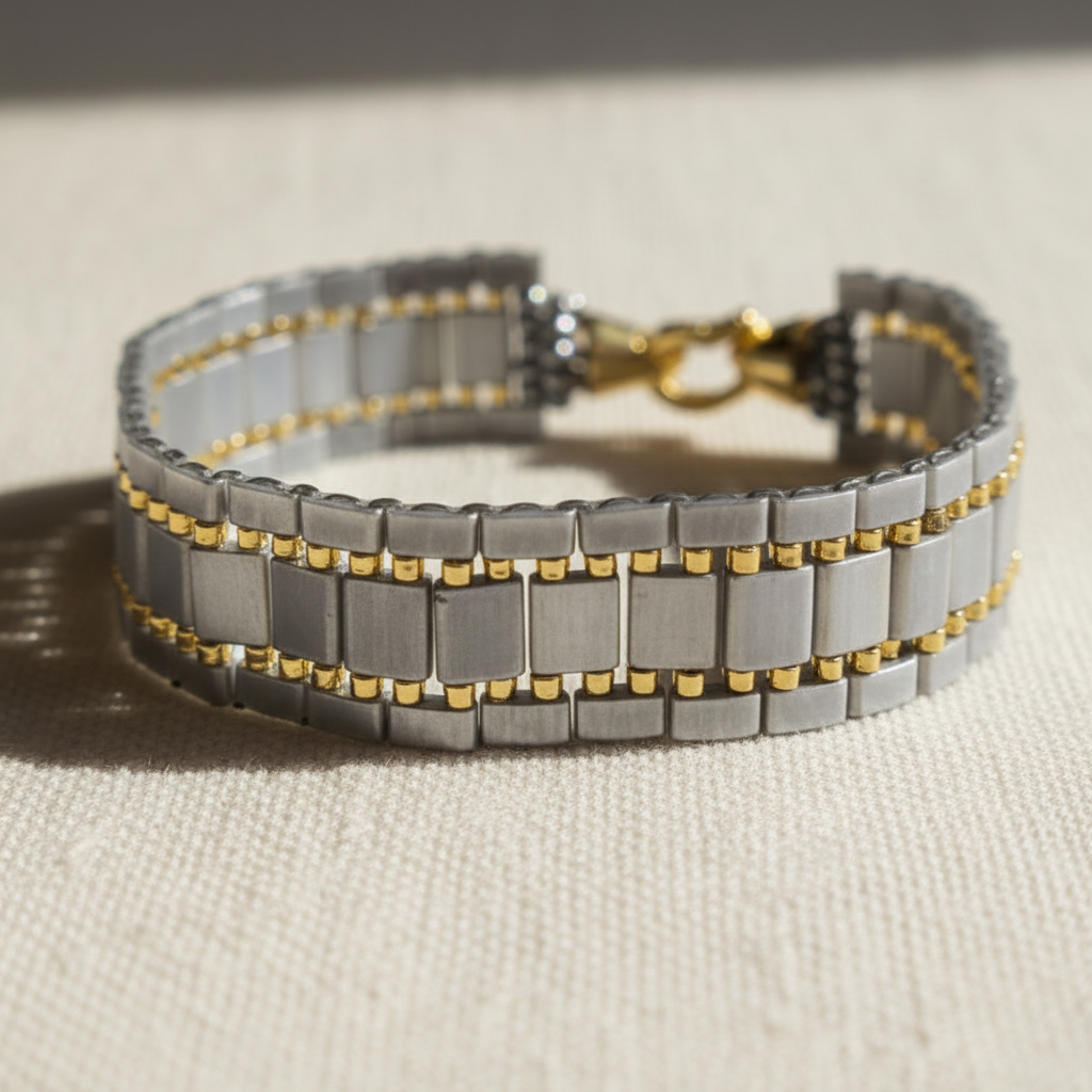 Handmade grey tila bracelet with gold accents and gol plated clasp