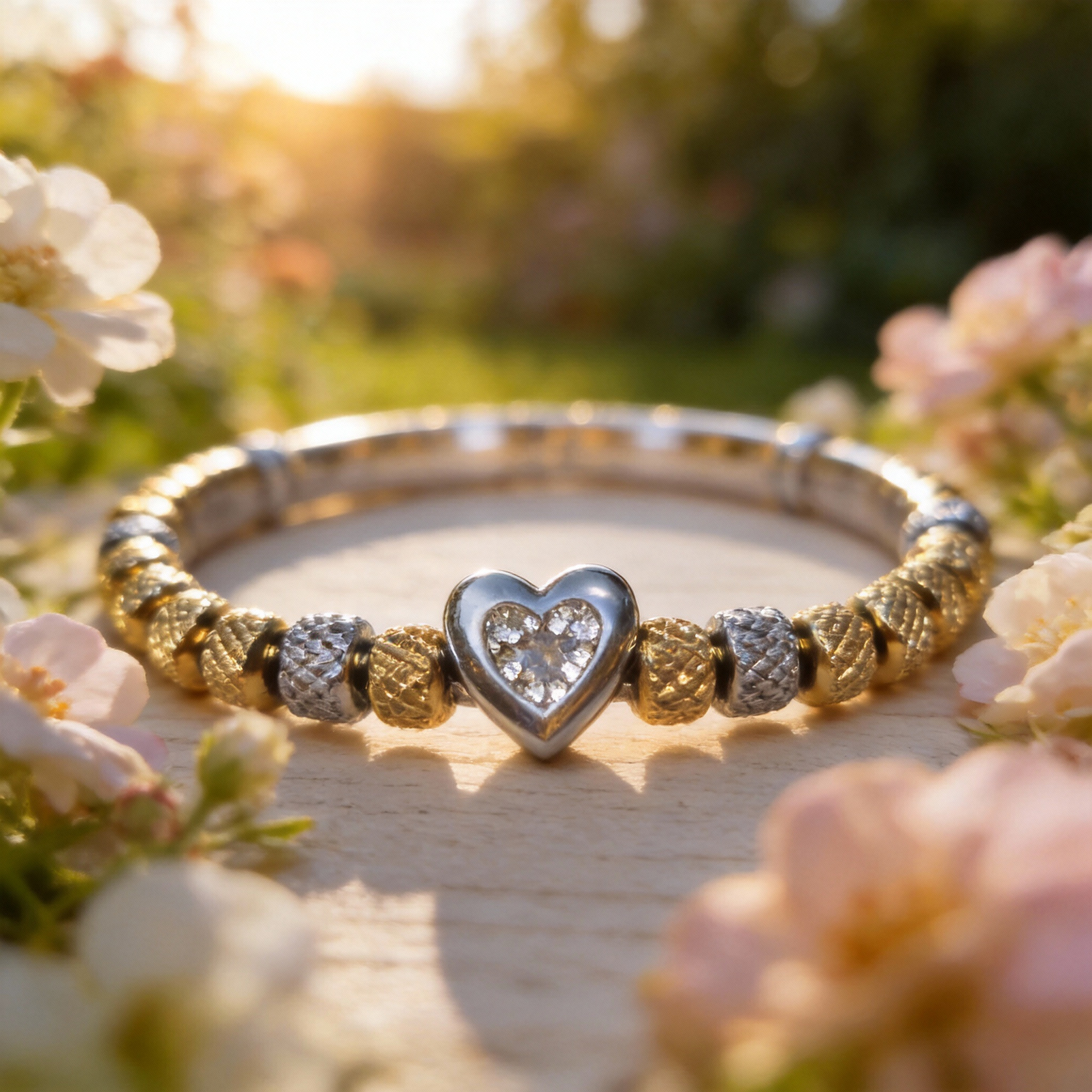 Gold and silver zircon heart bracelet surrounded by delicate flowers