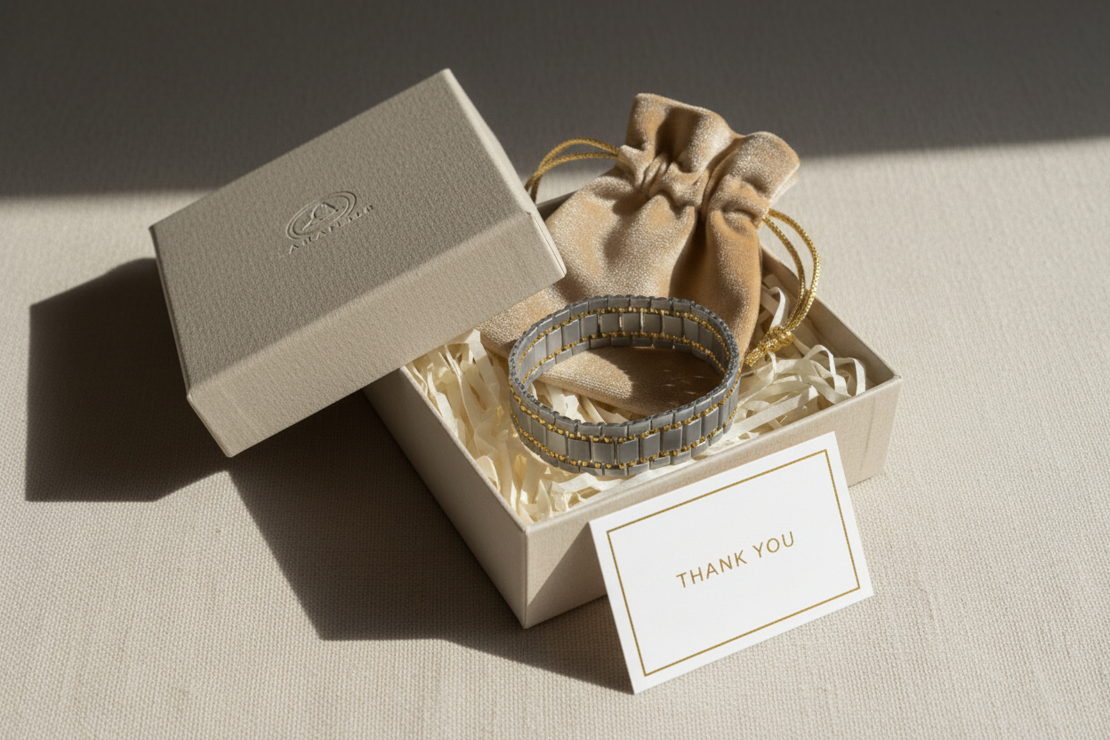 Gray Miyuki Tila bracelet presented in elegant luxury gift packaging.