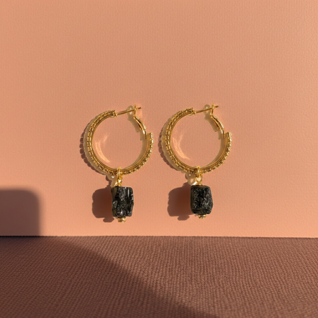 Eclipse Glow Black Tourmaline Hoop Earrings