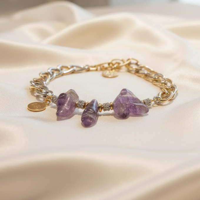 Amethyst Aura Atelier Bracelet with natural violet amethyst, gold-plated accents and stainless-steel elements by Gem N Glow.