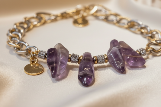 Close-up of handmade amethyst bracelet with mixed-metal chain, gold-plated details and stainless-steel elements.
