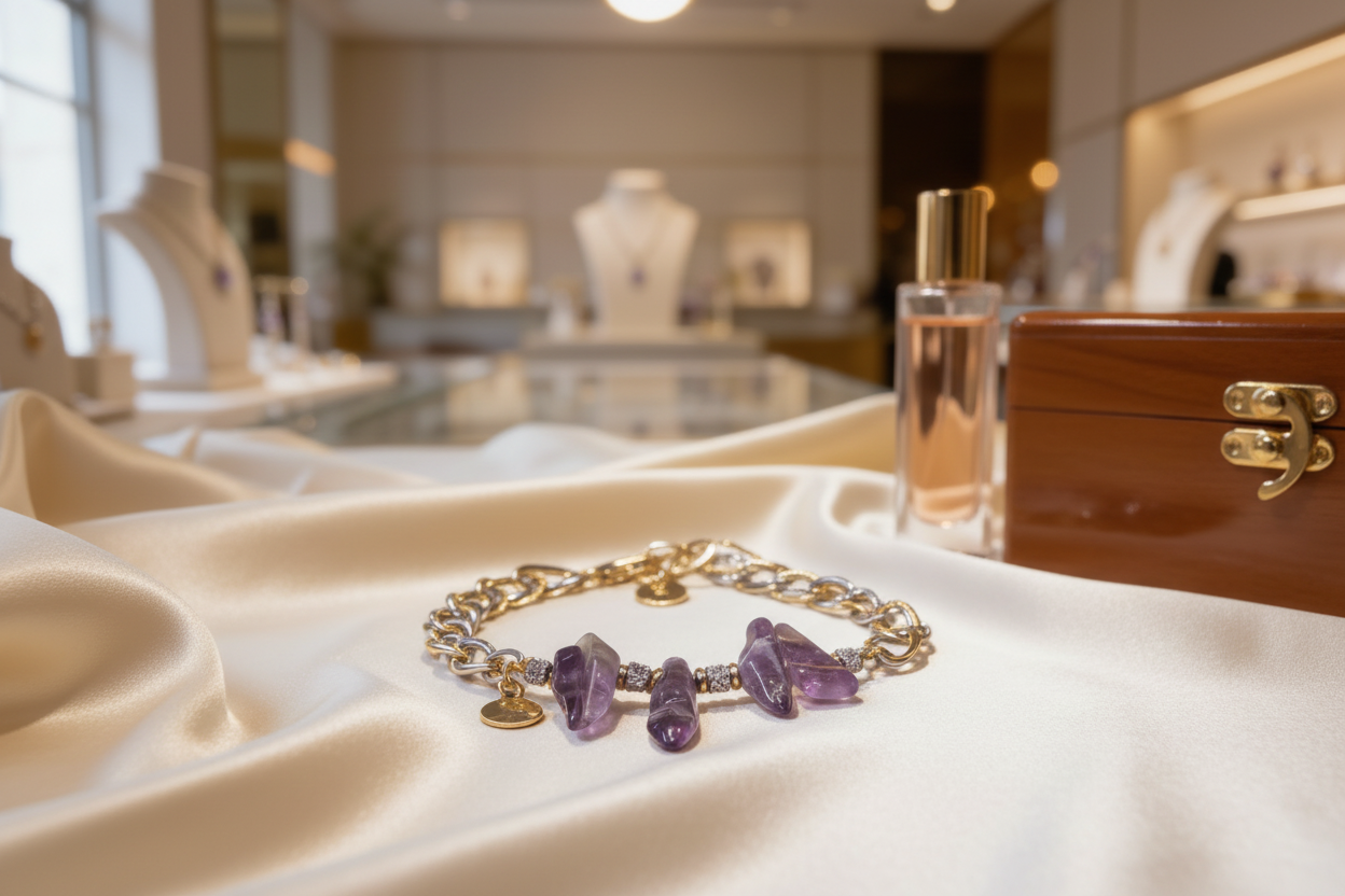 Amethyst Aura Atelier Bracelet with natural purple amethyst, gold-plated accents and stainless-steel elements by Gem N Glow.