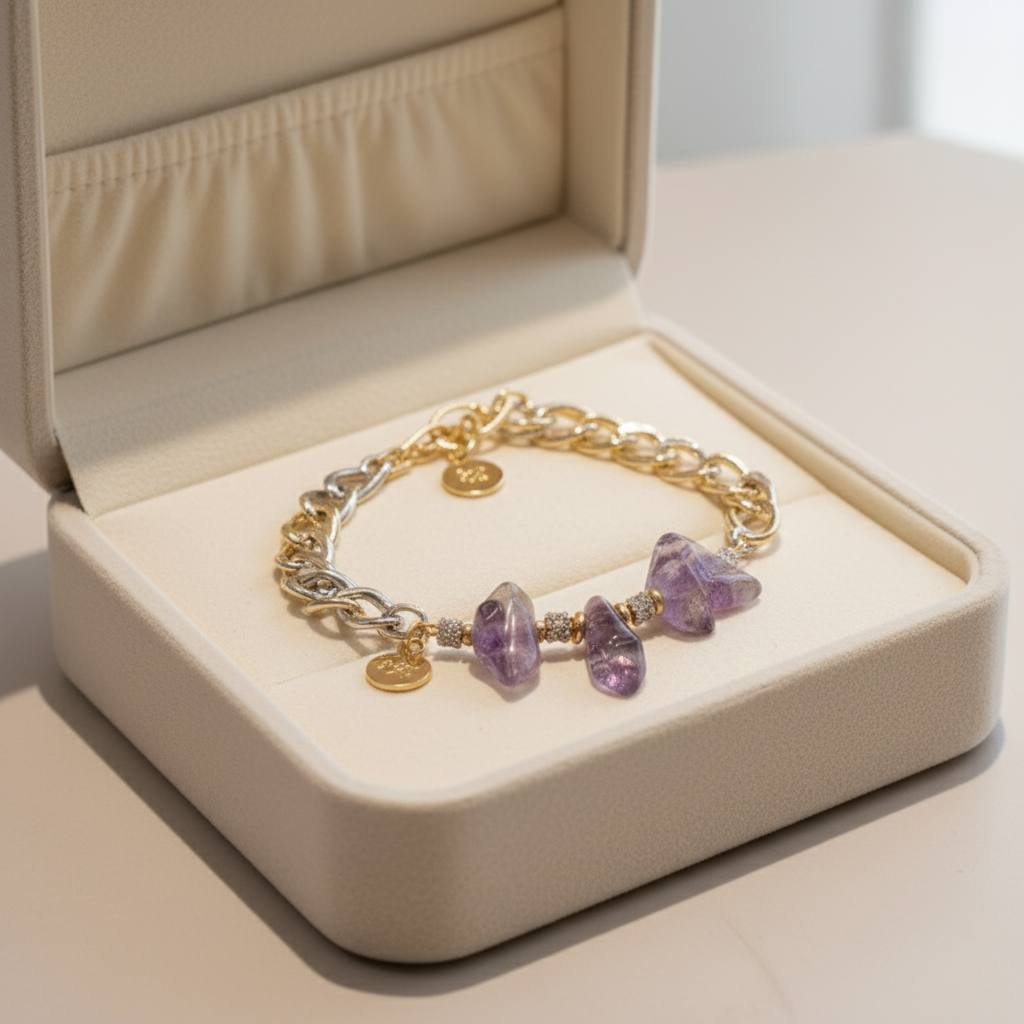 Natural amethyst gemstone bracelet with soft violet stones and two-tone metal details, handmade by Gem N Glow by Natali.