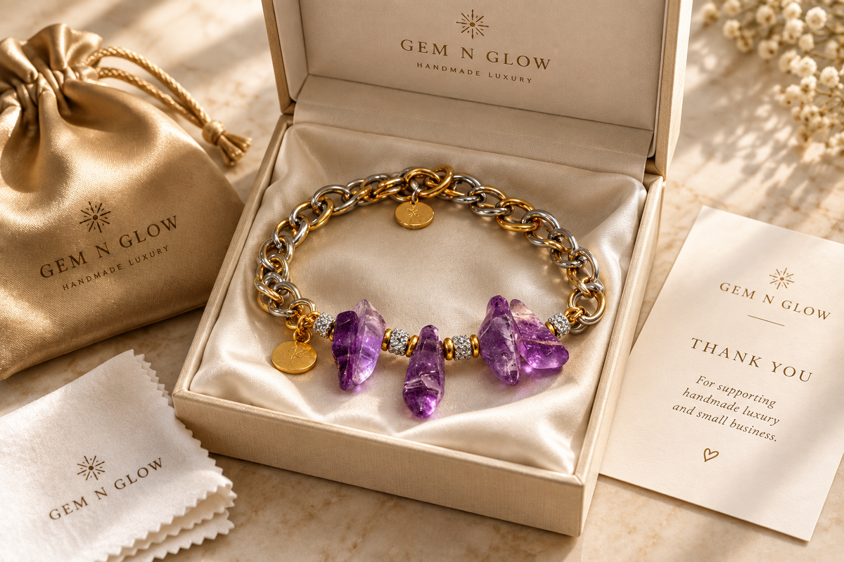 Amethyst Rhythm gemstone bracelet presented in Gem N Glow gift packaging