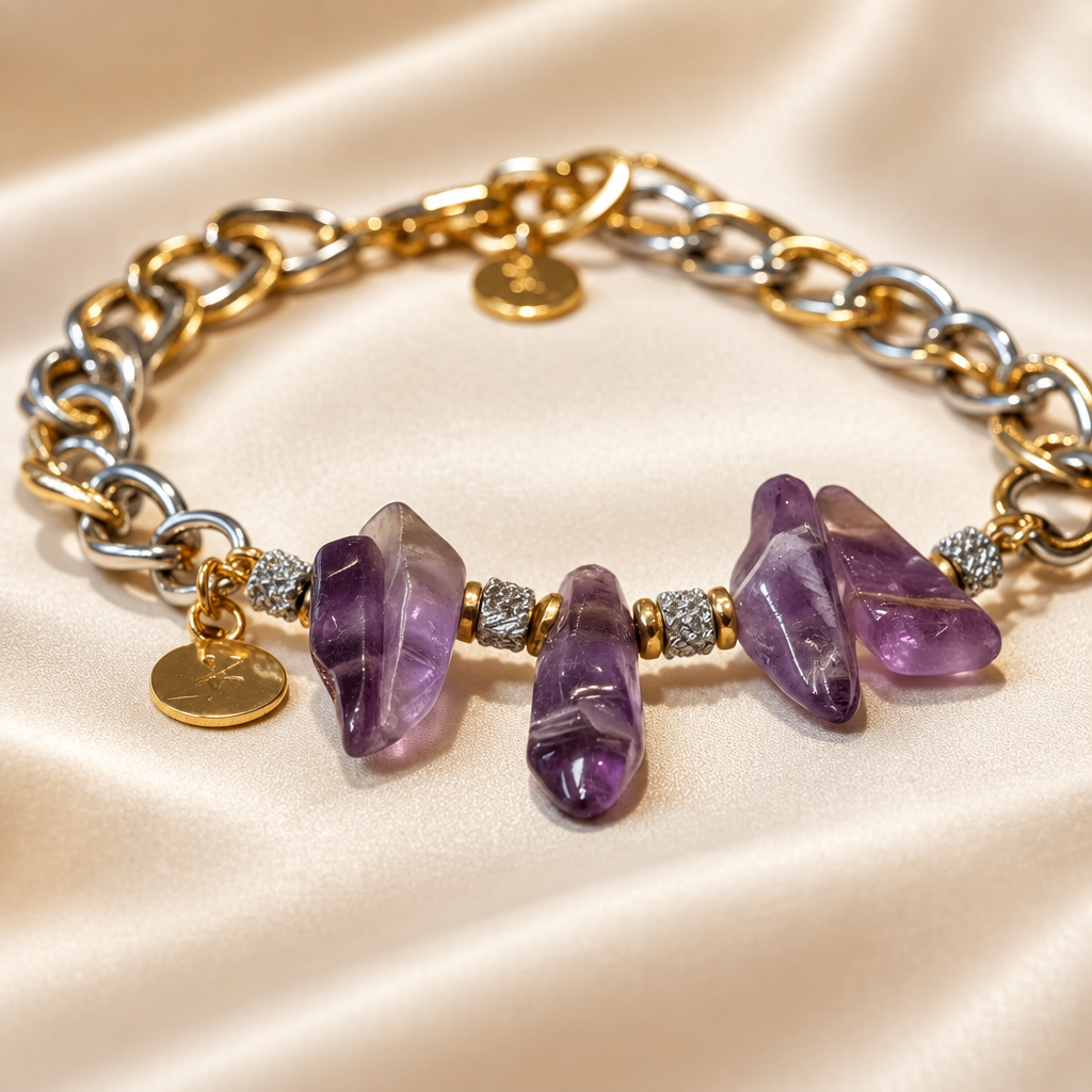 Amethyst Rhythm natural amethyst bracelet with two-tone stainless steel chain