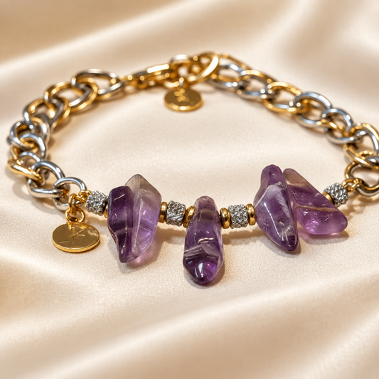 Amethyst Rhythm natural amethyst bracelet with two-tone stainless steel chain