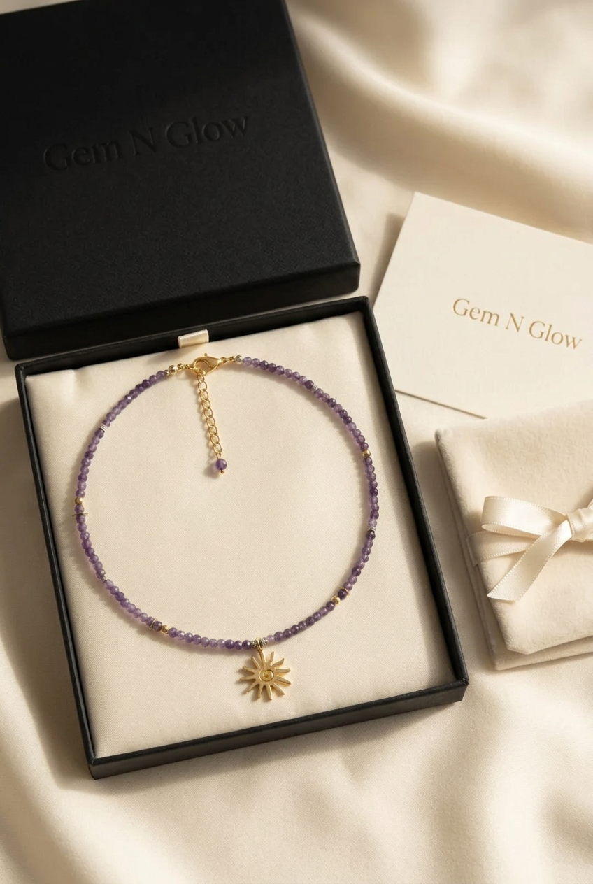 Gold-plated clasp, extension chain and amethyst finishing bead