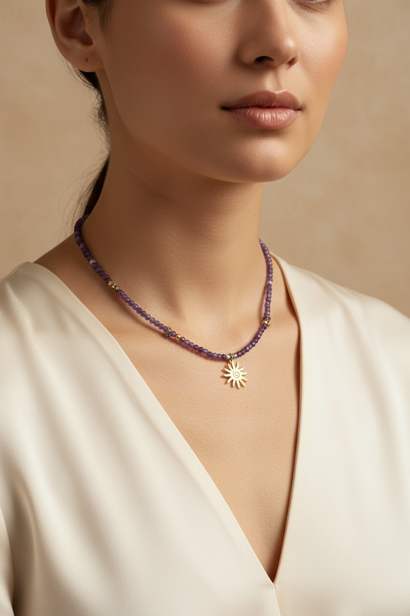 Amethyst Soleil gemstone necklace worn close to the neckline
