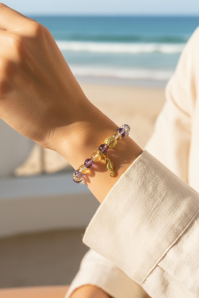 Handmade purple and golden ametrine bracelet with seahorse pendant