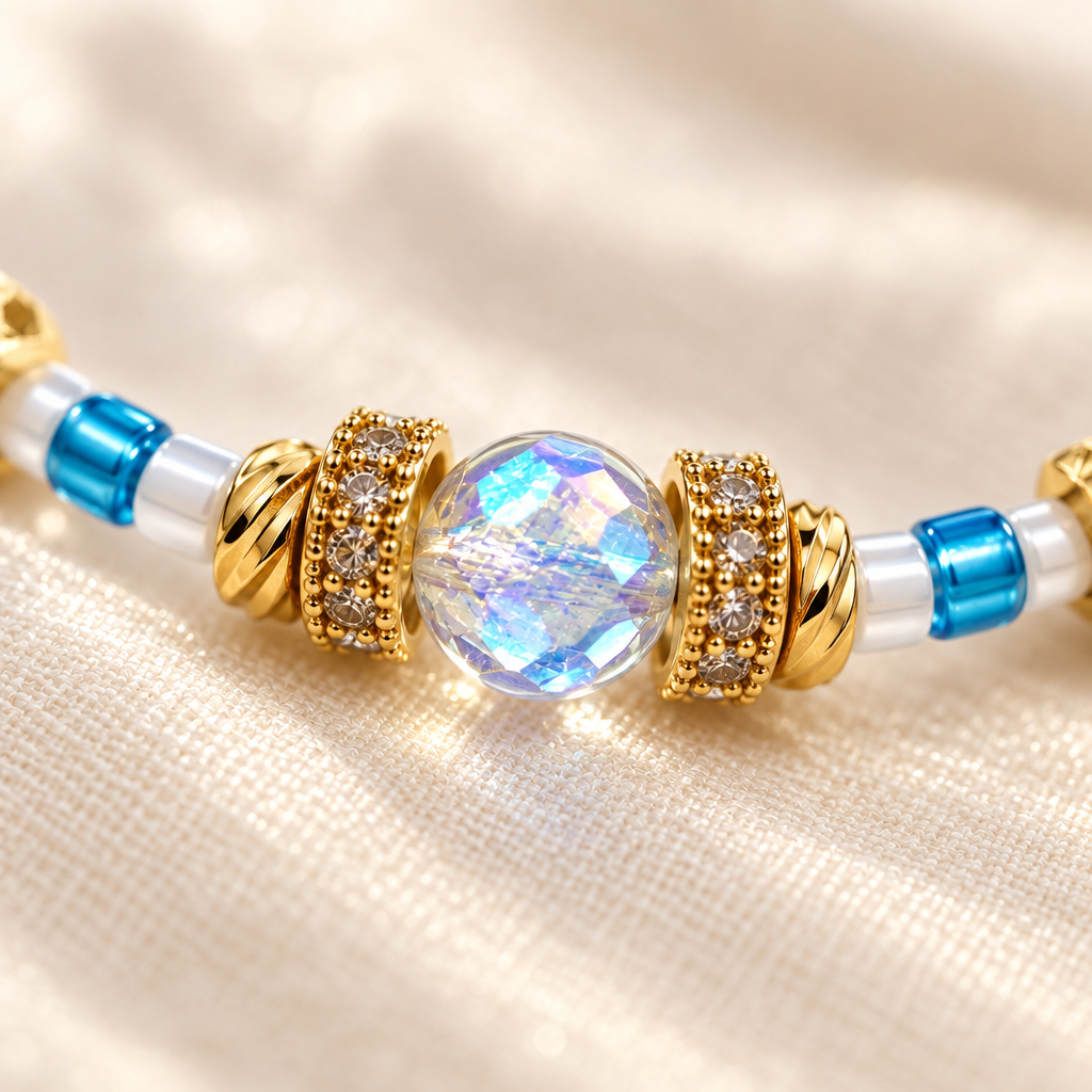 Macro detail of Aqua Aura crystal and gold-plated Miyuki beads 
