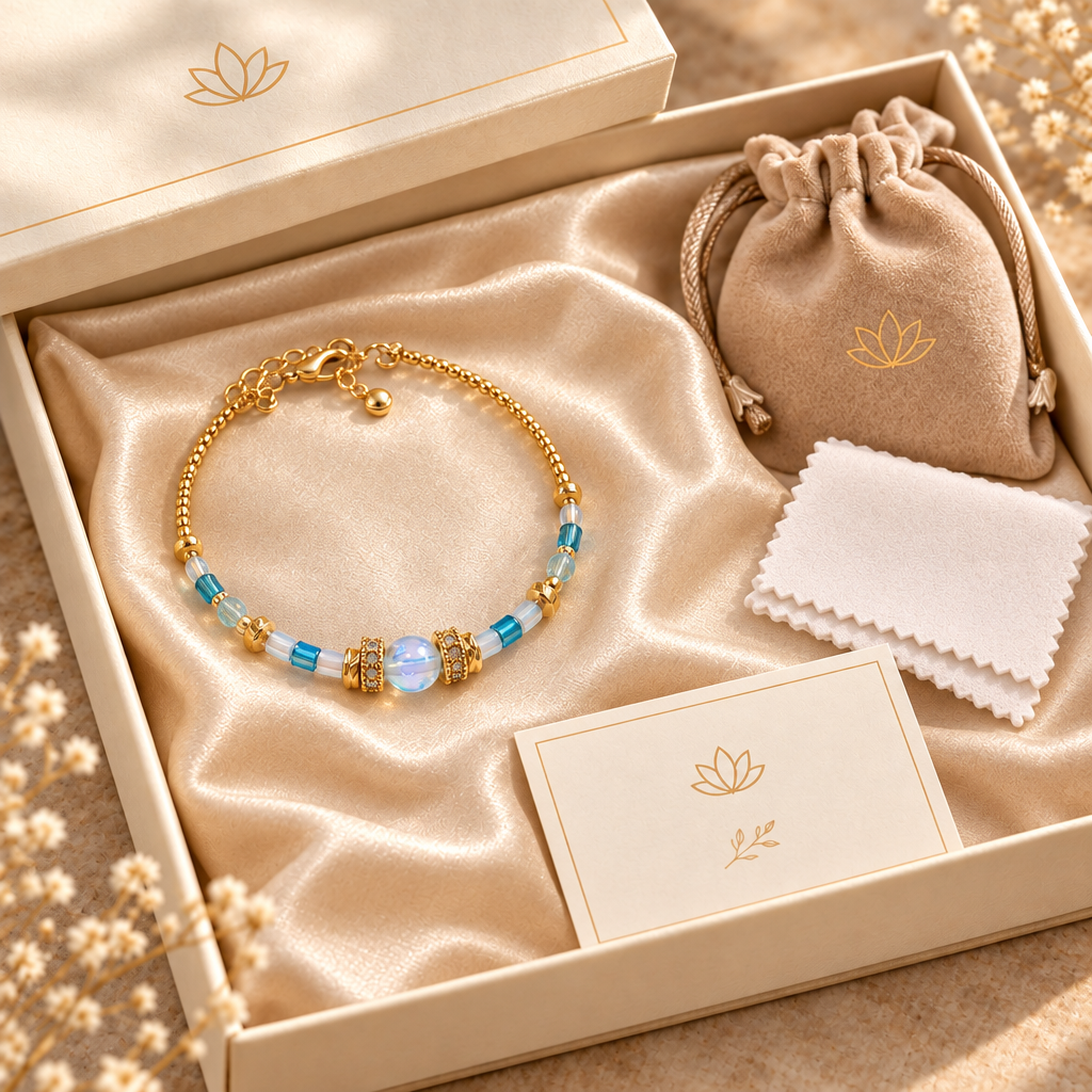 Handmade Aqua Aura bracelet displayed in premium Gem N Glow gift packaging
