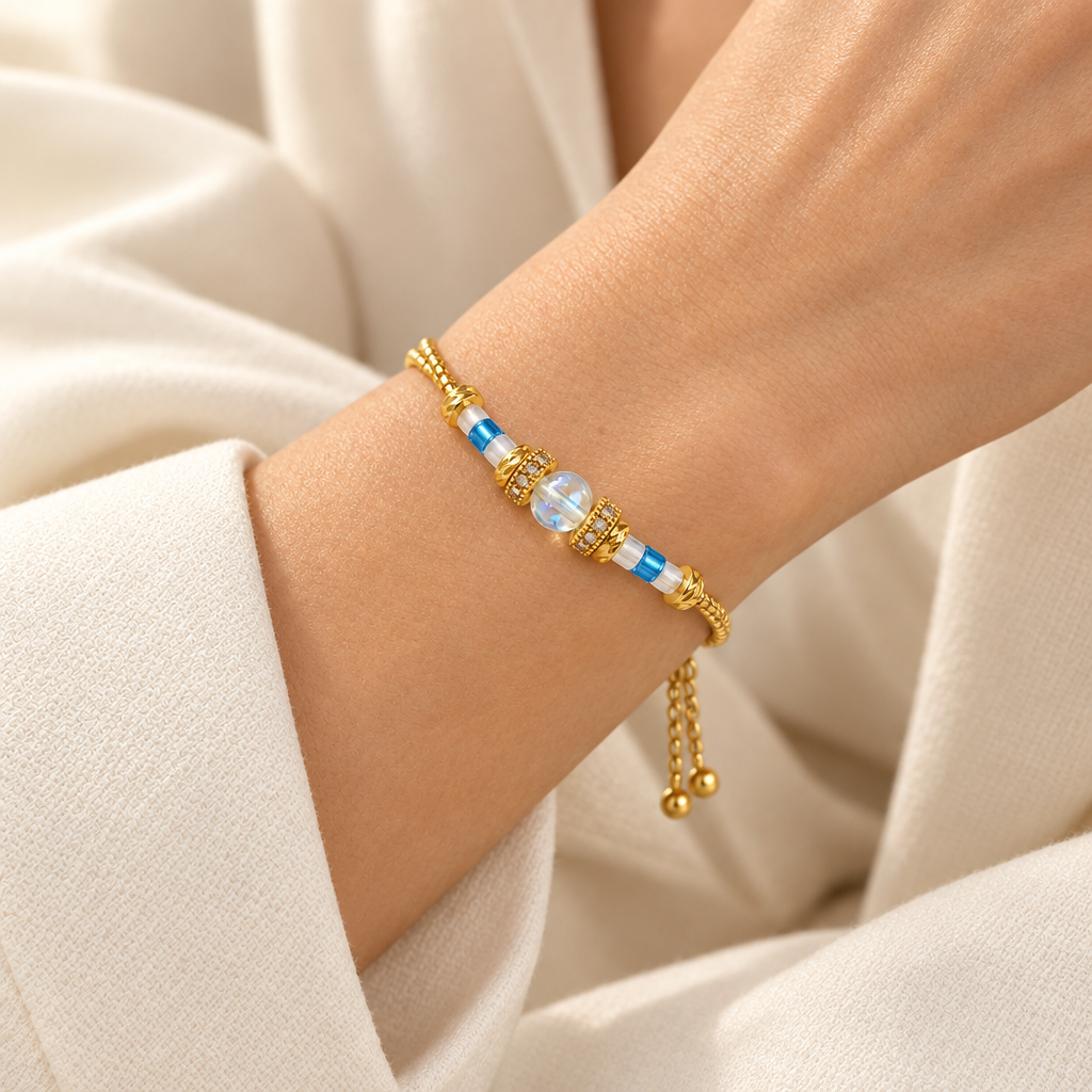 Aqua Celeste blue and gold crystal br styled with an elegant neutral outfitceket