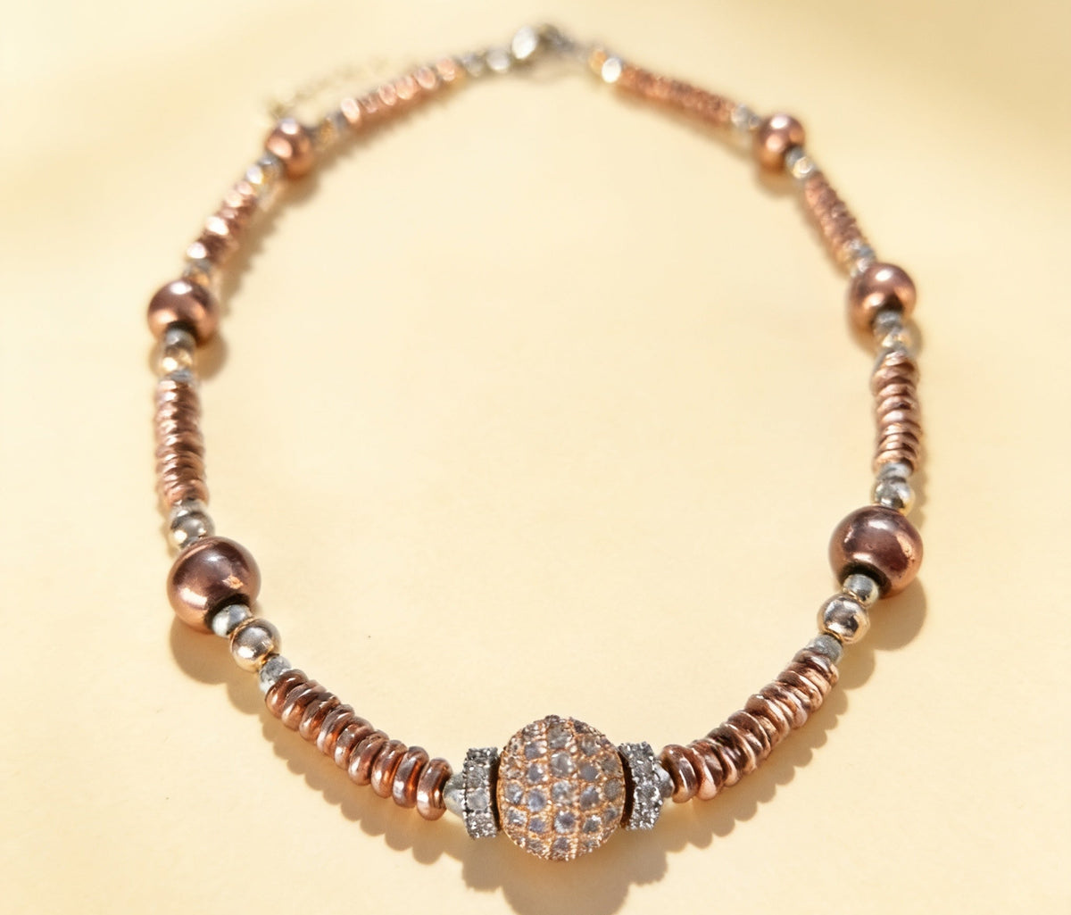 Rose-gold and silver hematite choker with sparkling central bead