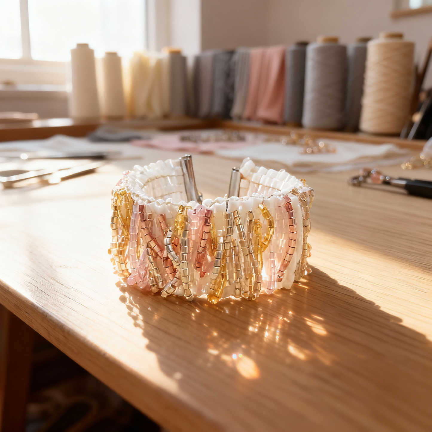 Handmade Blush Mosaic bracelet photographed in a jewelry atelier