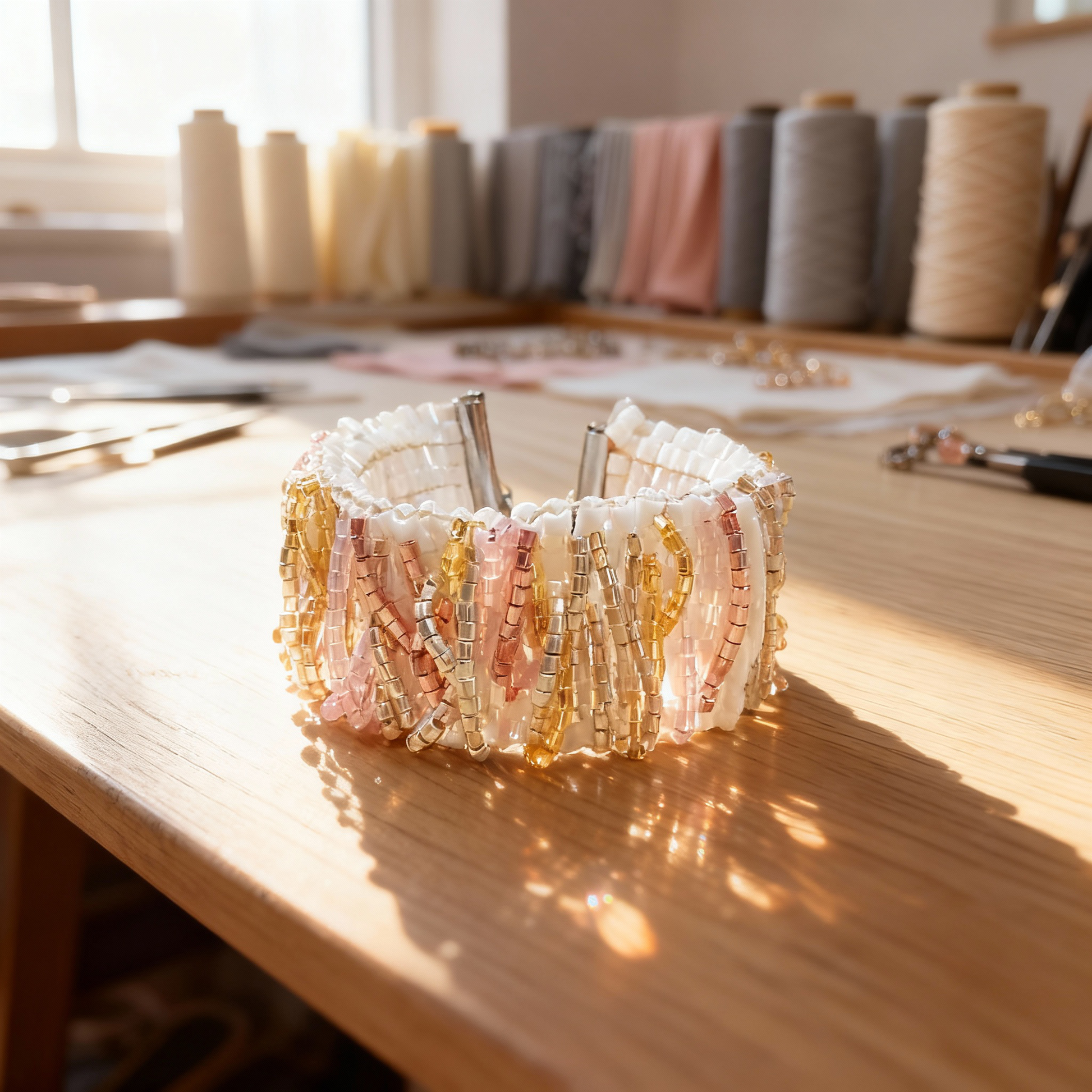 Handmade Blush Mosaic bracelet photographed in a jewelry atelier