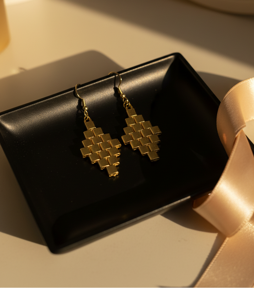 Aurea gold Miyuki earrings styled on a luxury jewelry tray
