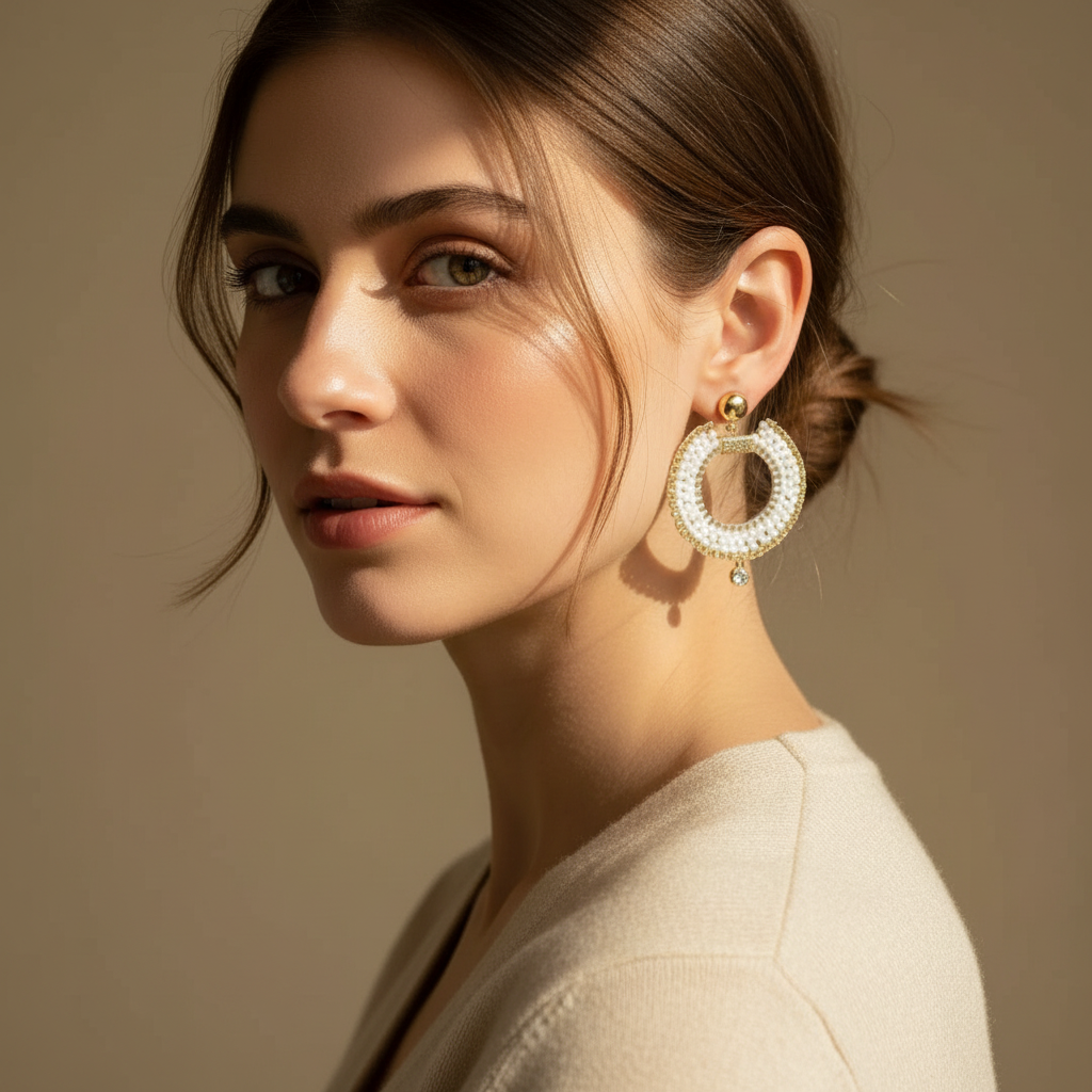 Elegant white Miyuki seed bead earrings with gold accents and sparkling zircon