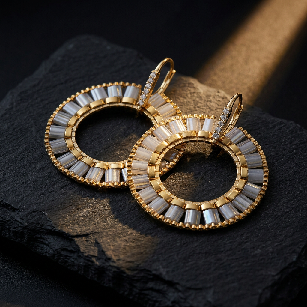 Side view of layered circular Miyuki Tila statement earrings