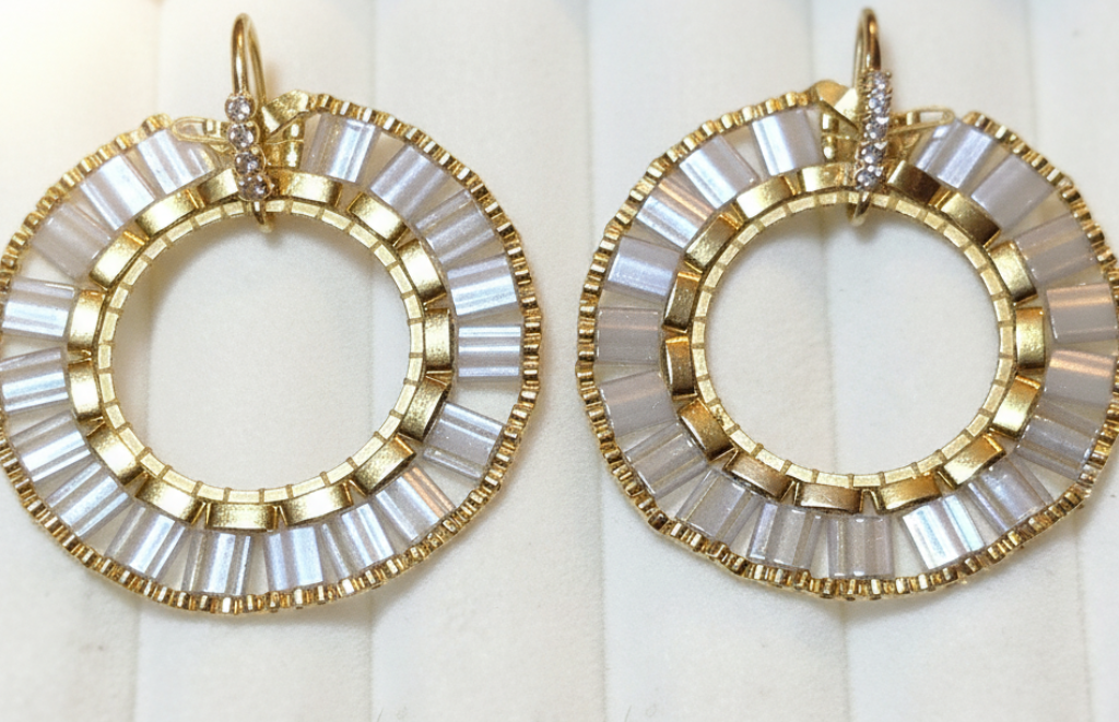 Detailed circular geometric Miyuki beadwork on Aurelia Orbit earrings