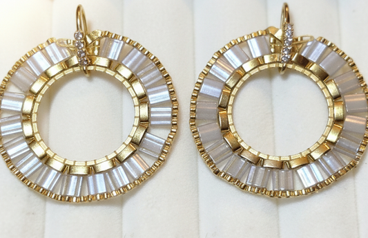 Detailed circular geometric Miyuki beadwork on Aurelia Orbit earrings
