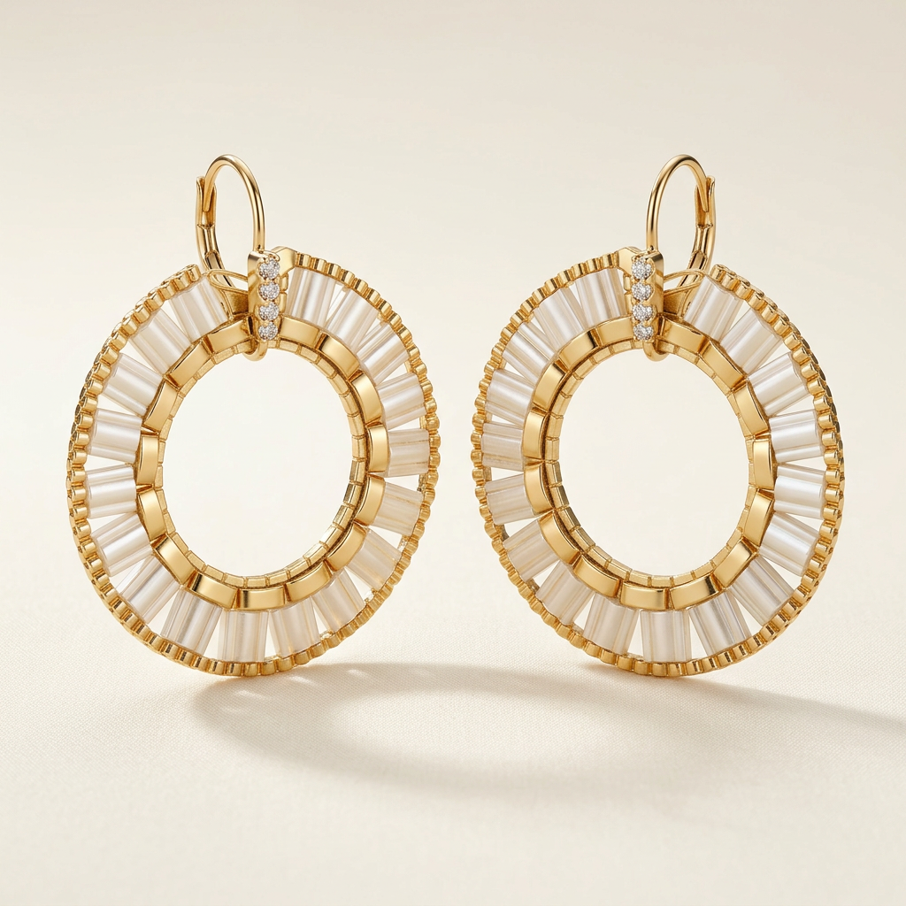 Aurelia Orbit handmade ivory and gold Miyuki Tila circular statement earrings