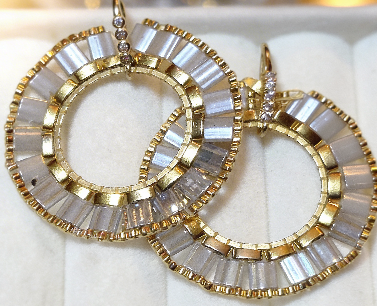 Sparkling ear wire detail on ivory and gold Miyuki statement earrings