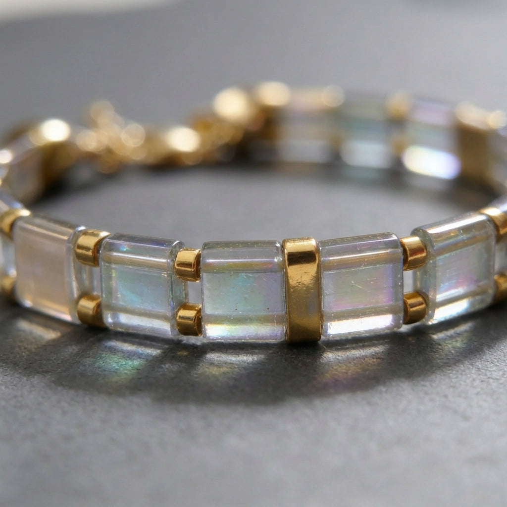 Close-up of transparent iridescent Tila beads and gold-tone accents on the Axis Line Slim bracelet.