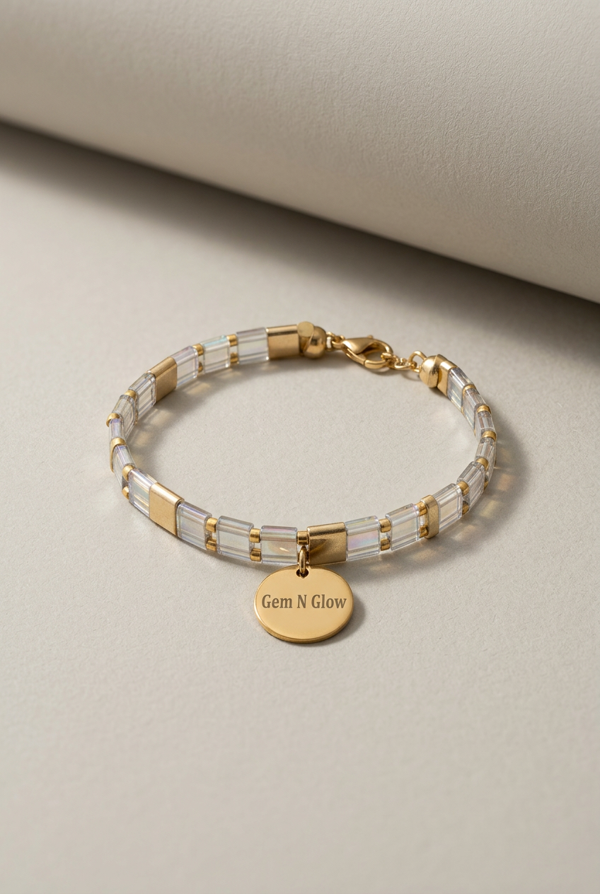 Axis Line Slim bracelet and round Gem N Glow charm on a pale greige studio background.